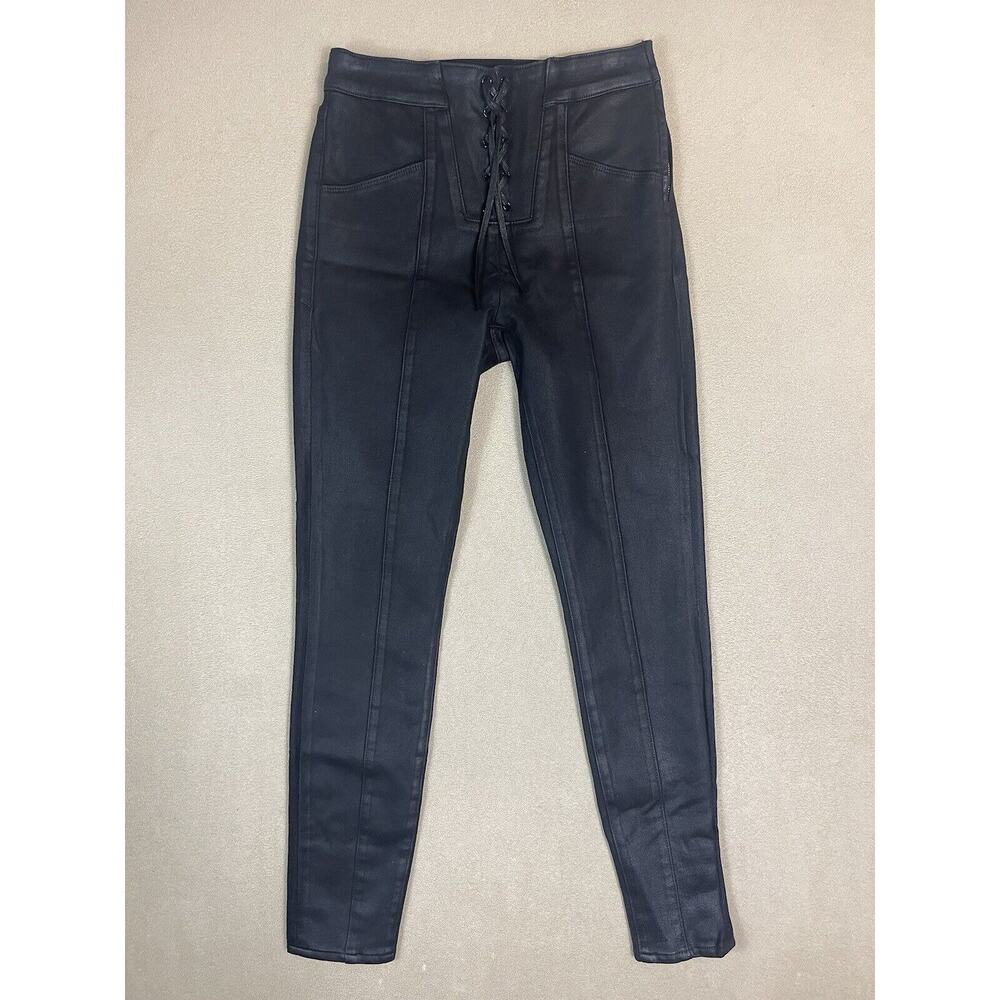 Good American Pants Womens 2/25 Black Front Lace Up Skinny Coating Finish